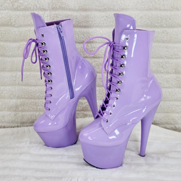 Lavender Lilac Purple Patent Platform 7" Heel Lace Up Ankle Boots - Picture 4 of 13
